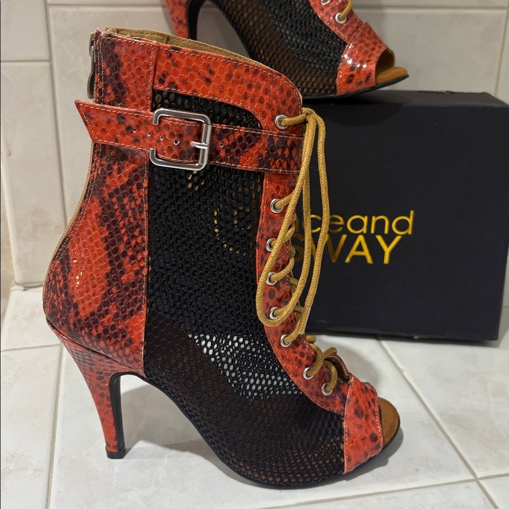 Dance and Sway Fashion Orange and Black “YXZJ” Stiletto Dance Shoes. NWT